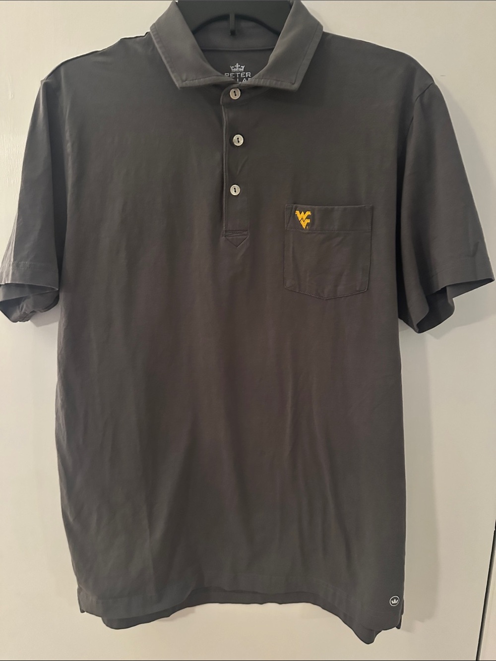 Peter Millar Men's Dark Gray Polo Shirt with Chest Pocket -WVU Small